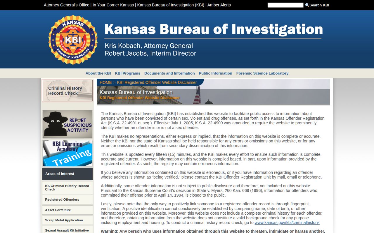 KBI registry for qualifying Lyon County released offender records